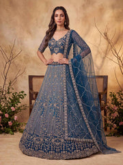 Blue Net Zari Sequin Bridal Lehenga Choli with Soft Net Dupatta