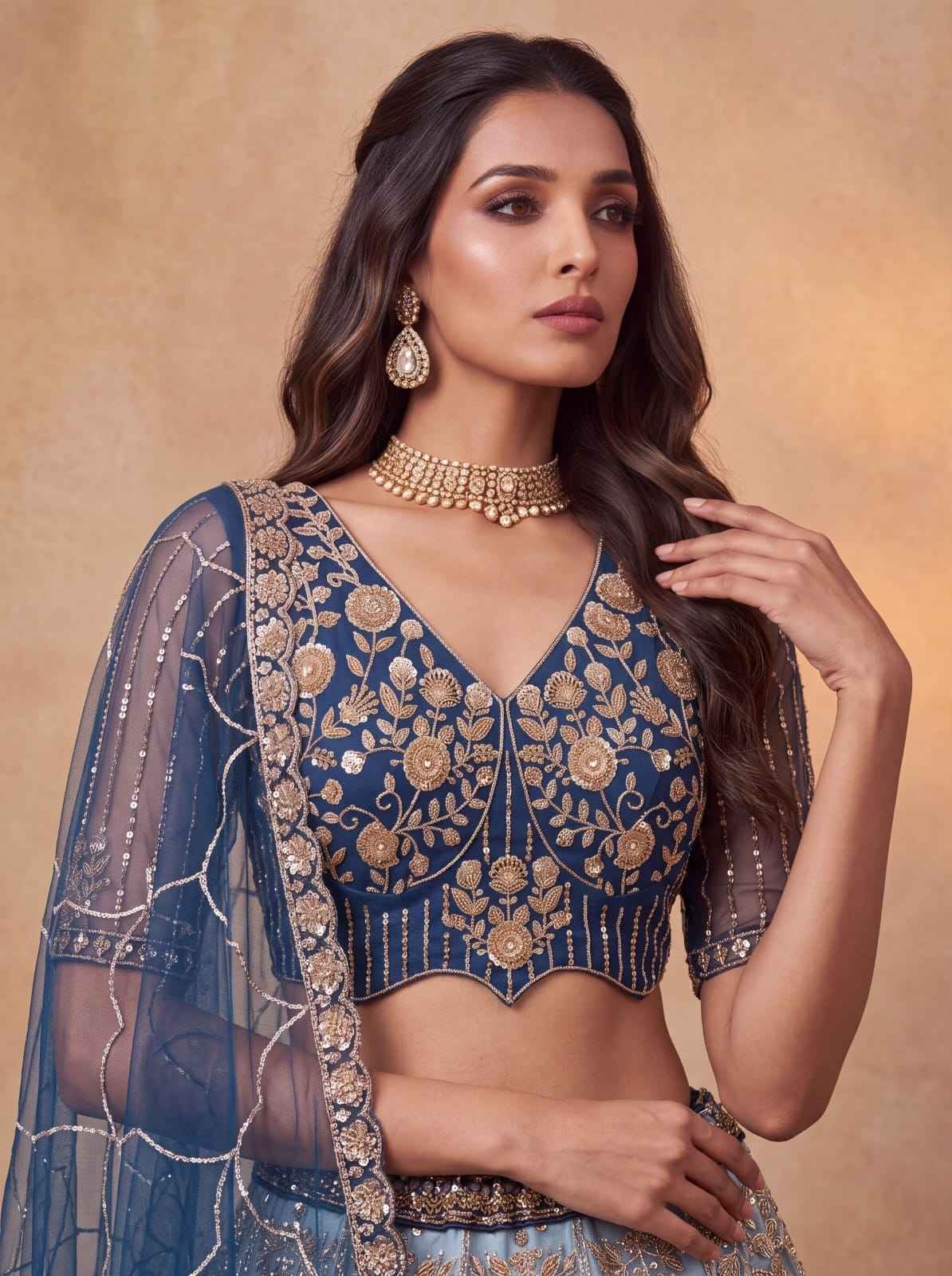 Blue Net Zari Sequin Bridal Lehenga Choli with Soft Net Dupatta