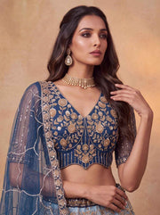 Blue Net Zari Sequin Bridal Lehenga Choli with Soft Net Dupatta