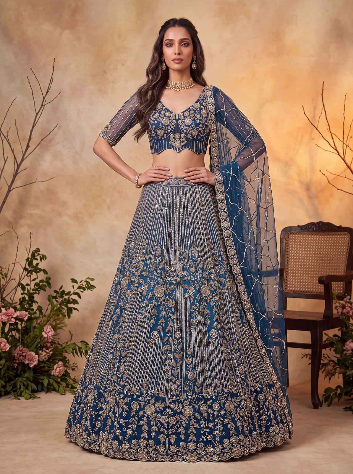 Blue Net Zari Sequin Bridal Lehenga Choli with Soft Net Dupatta