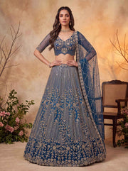 Blue Net Zari Sequin Bridal Lehenga Choli with Soft Net Dupatta