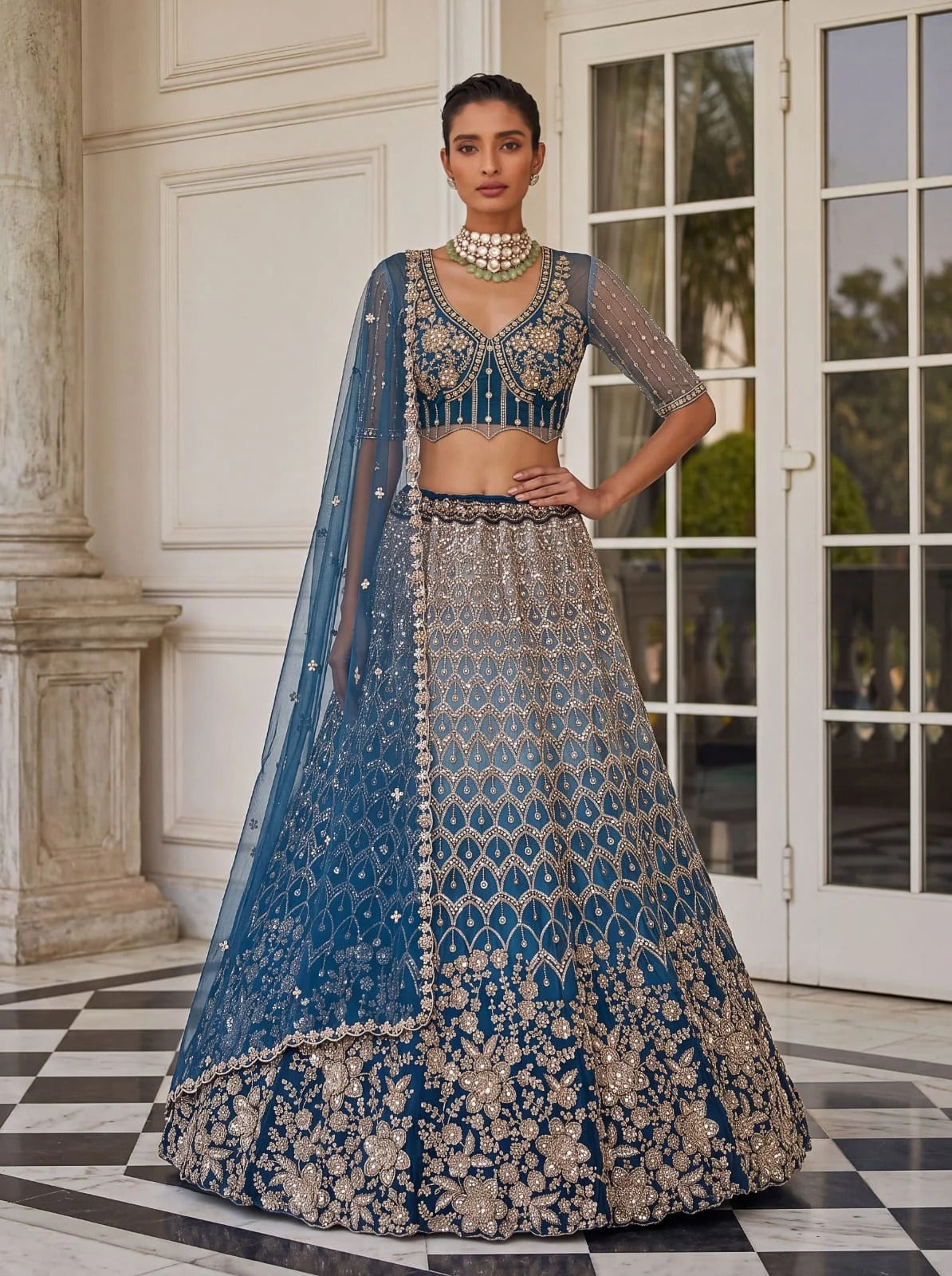 Blue Net Bead Motif Sequin Embroidered Lehenga Choli