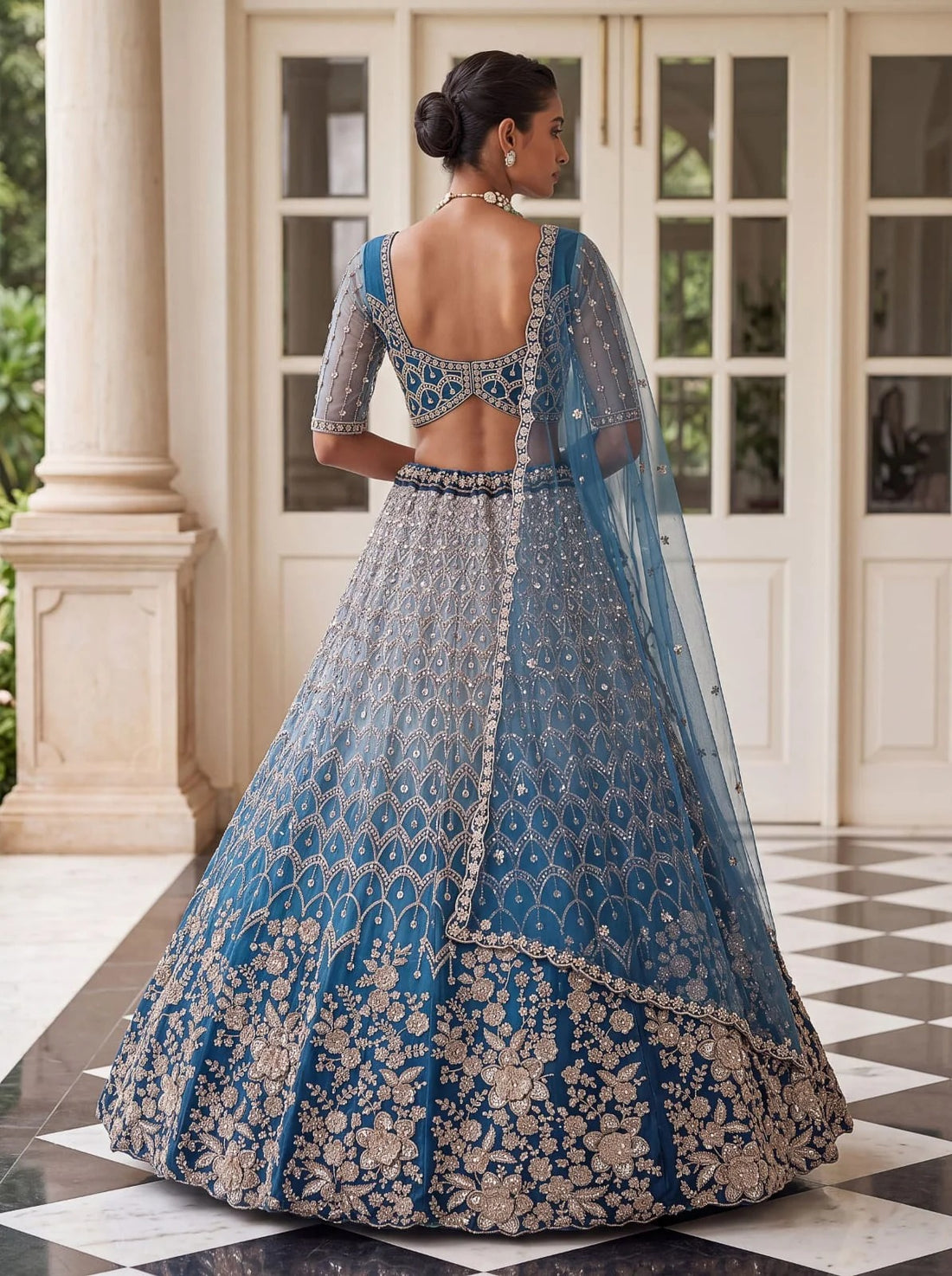 Blue Net Bead Motif Sequin Embroidered Lehenga Choli