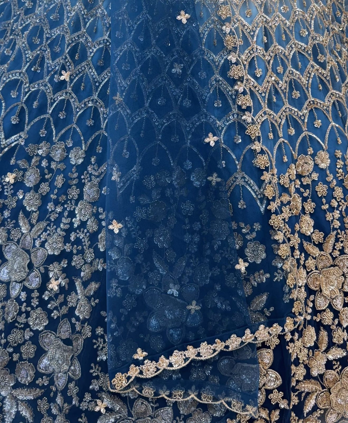 Blue Net Bead Motif Sequin Embroidered Lehenga Choli