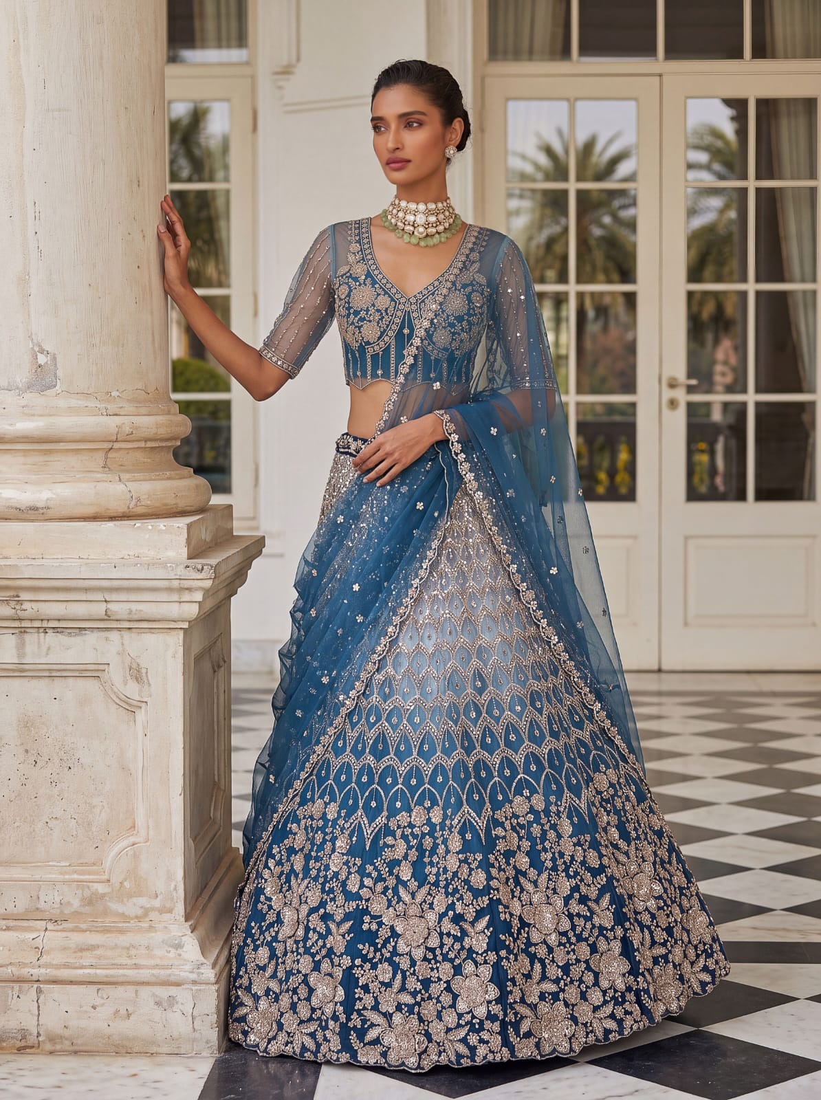Blue Net Bead Motif Sequin Embroidered Lehenga Choli
