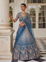 Blue Net Bead Motif Sequin Embroidered Lehenga Choli