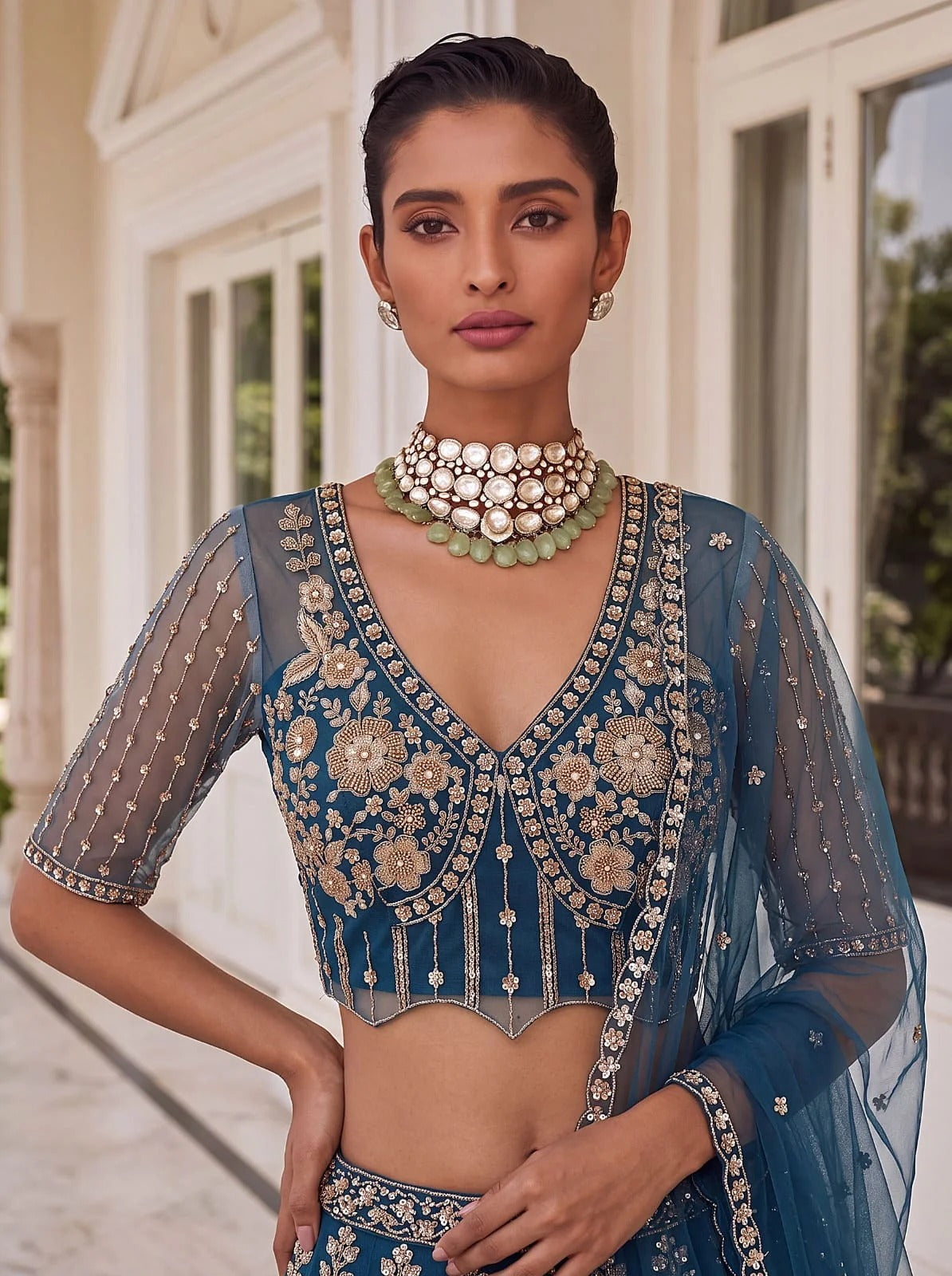 Blue Net Bead Motif Sequin Embroidered Lehenga Choli