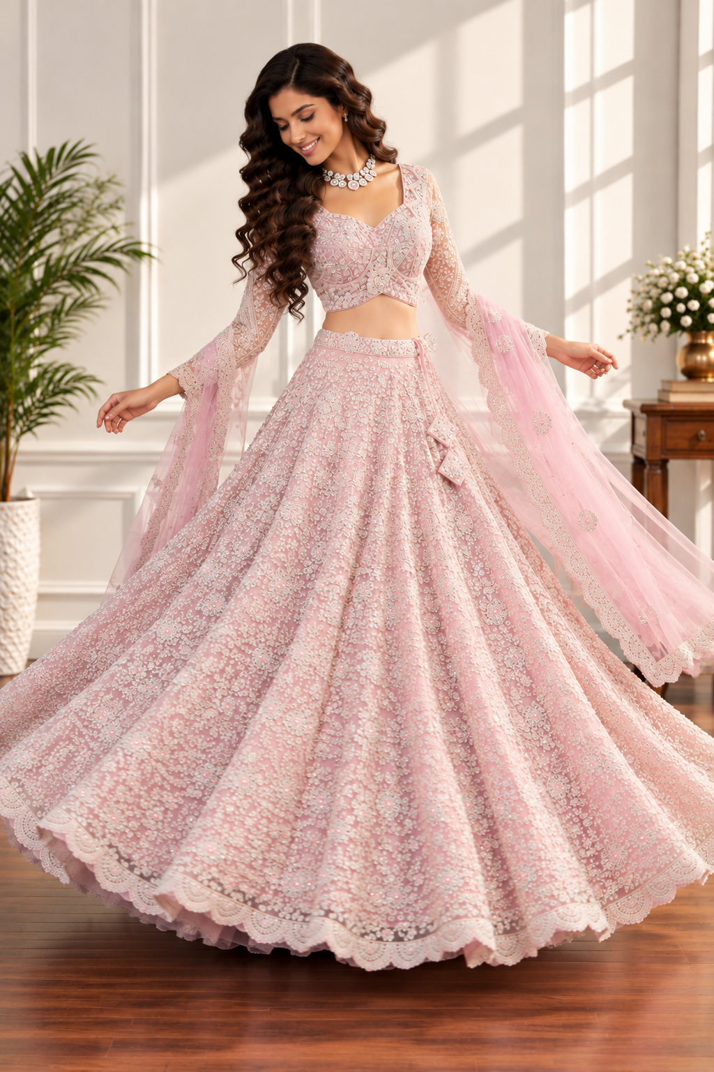 Blush Pink Net Lehenga with All-Over Elegant Embroidery