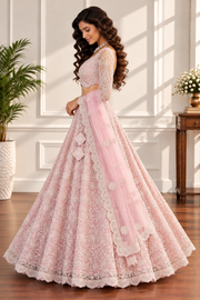 Blush Pink Net Lehenga with All-Over Elegant Embroidery