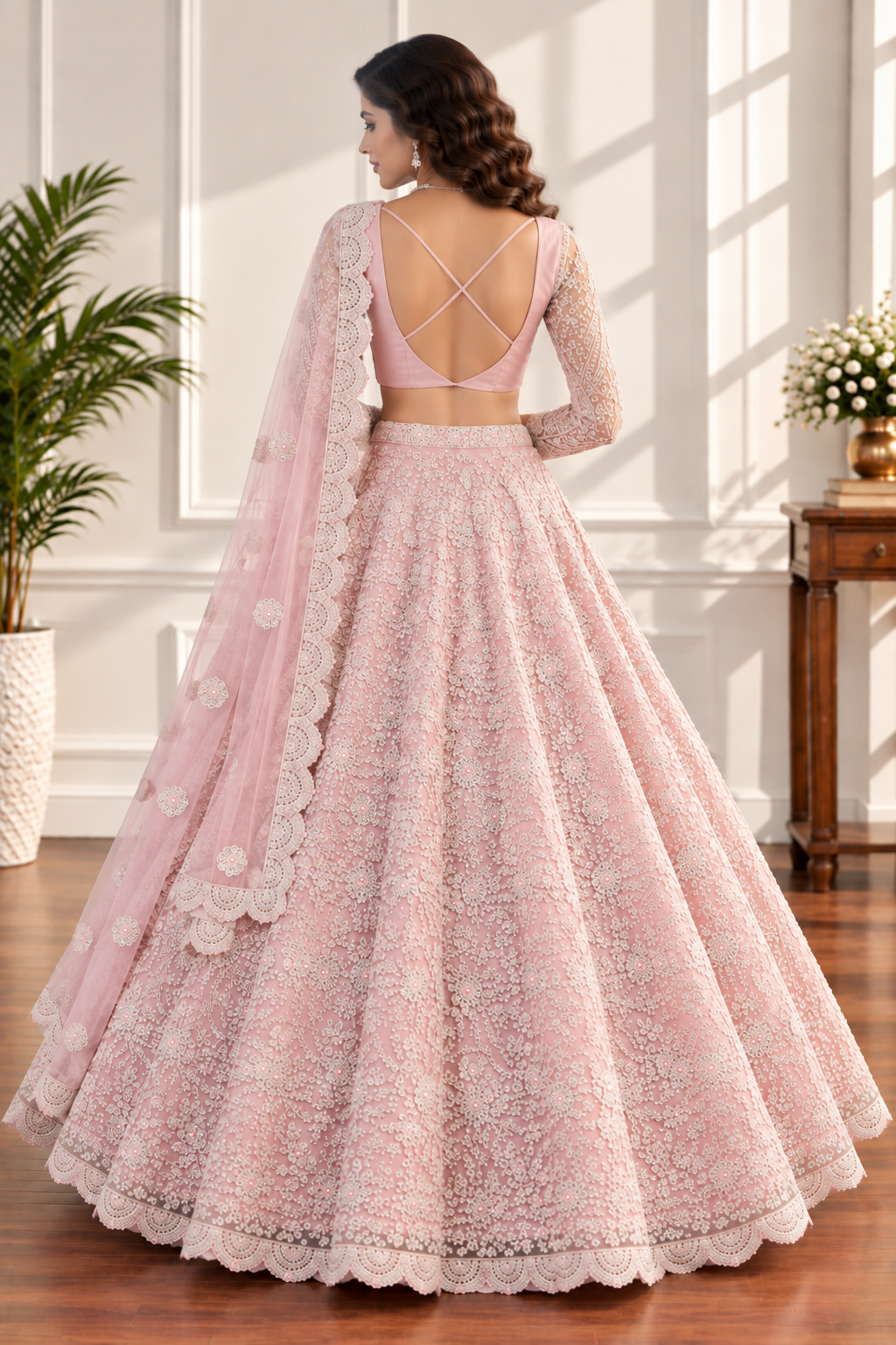 Blush Pink Net Lehenga with All-Over Elegant Embroidery