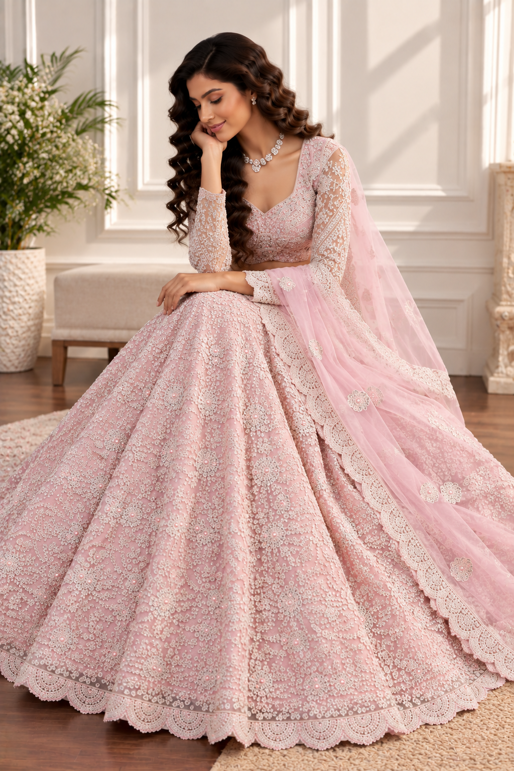 Blush Pink Net Lehenga with All-Over Elegant Embroidery