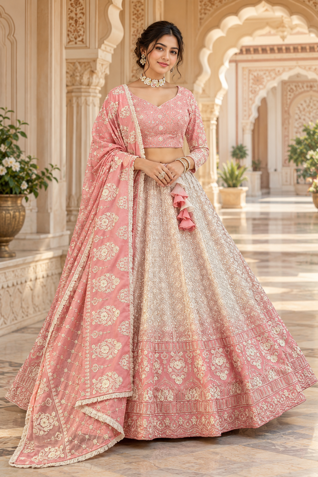 Blush Rose Chikankari Embroidered Lehenga Set with Dupatta