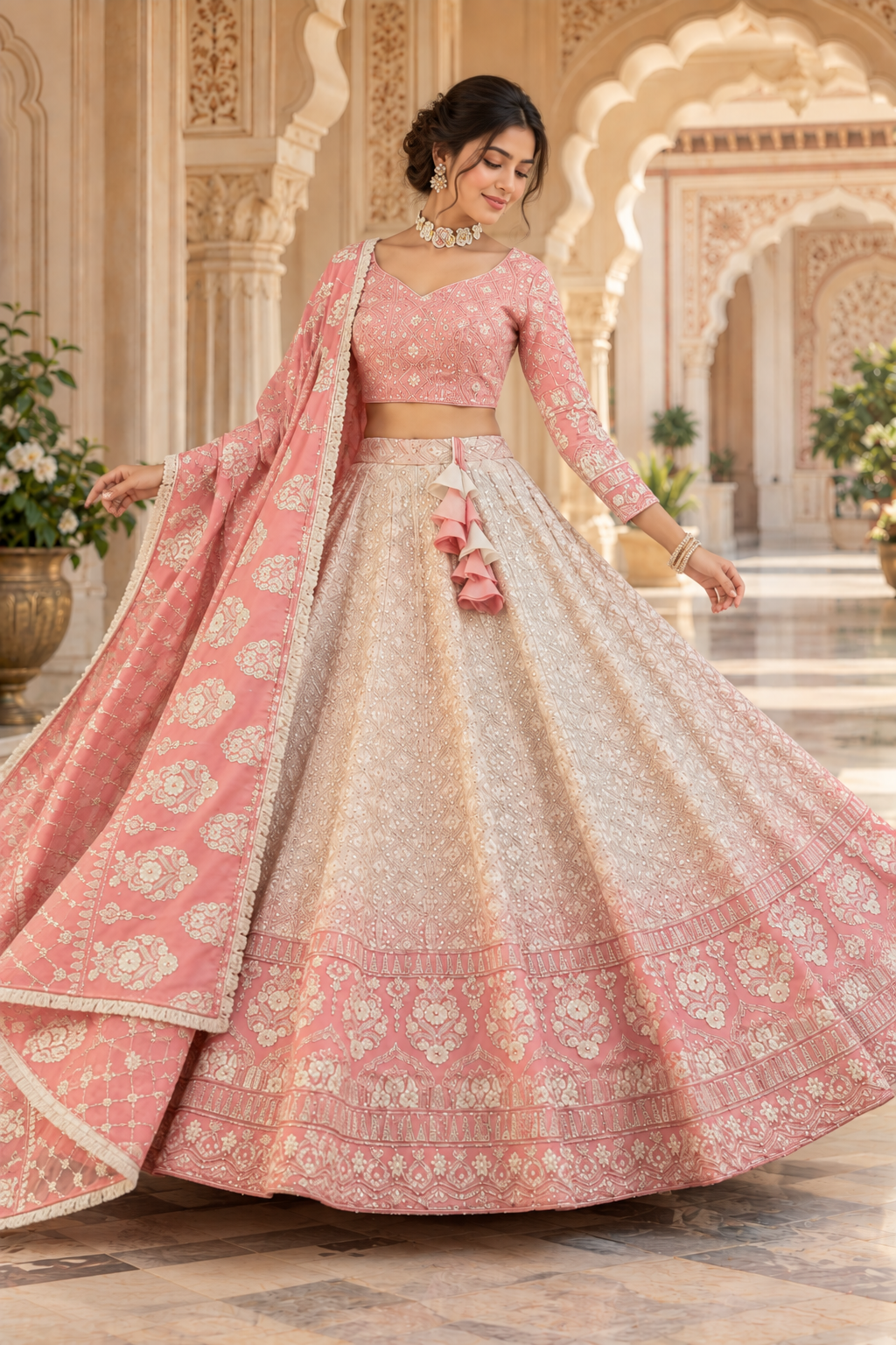 Blush Rose Chikankari Embroidered Lehenga Set with Dupatta