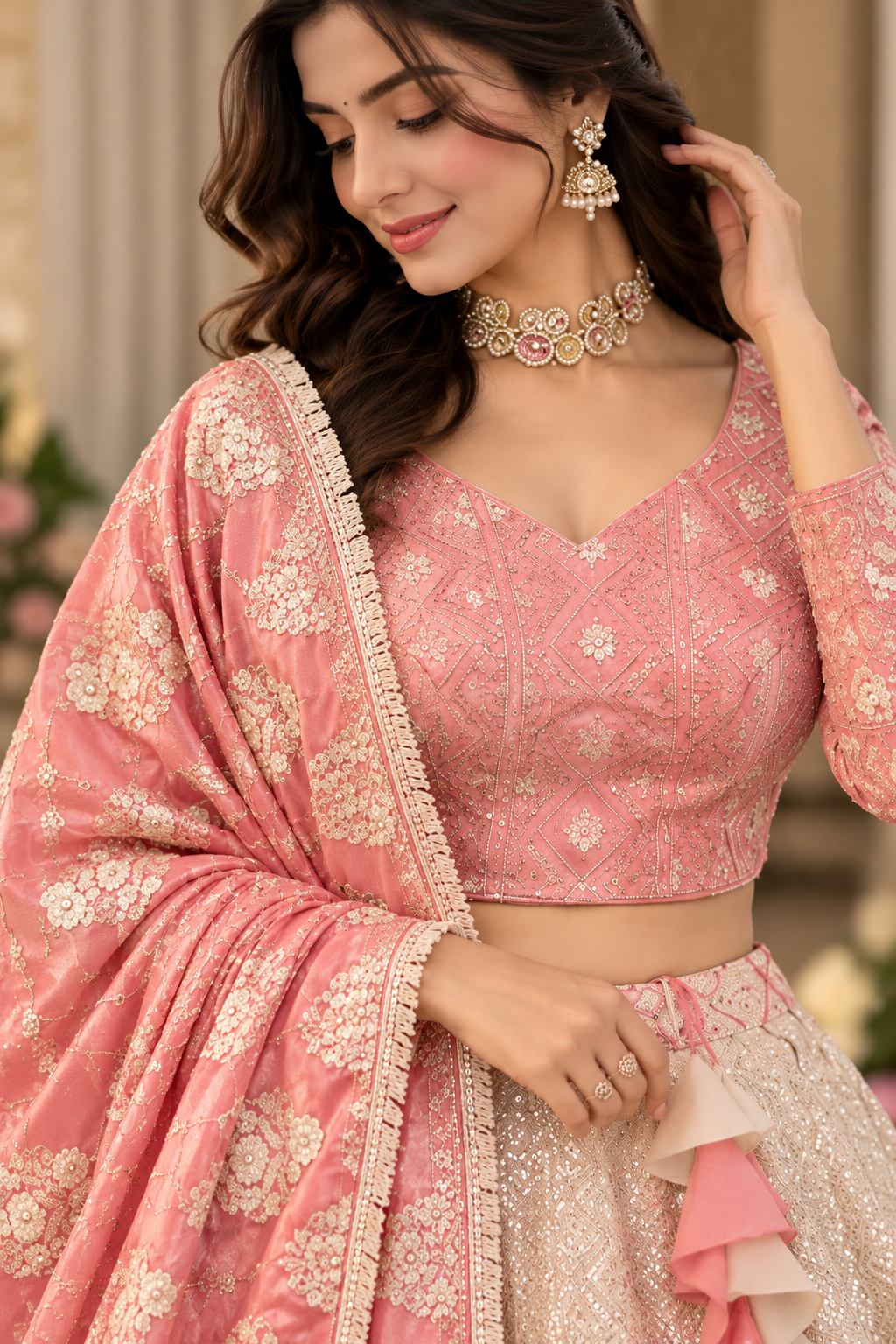 Blush Rose Chikankari Embroidered Lehenga Set with Dupatta