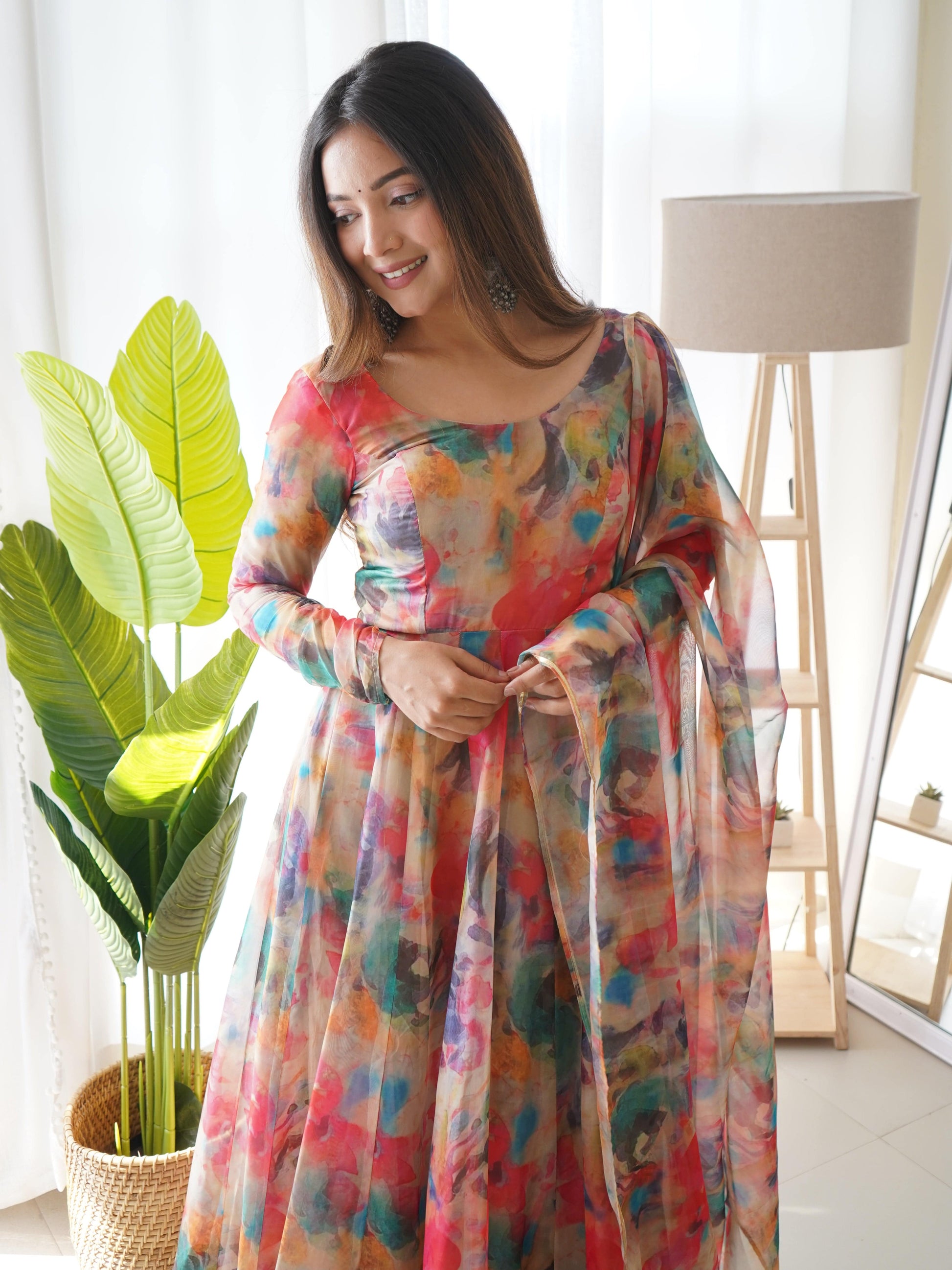Elegant Soft Organza Silk Floral Designer Anarkali Pant Suit - Ethnicwish