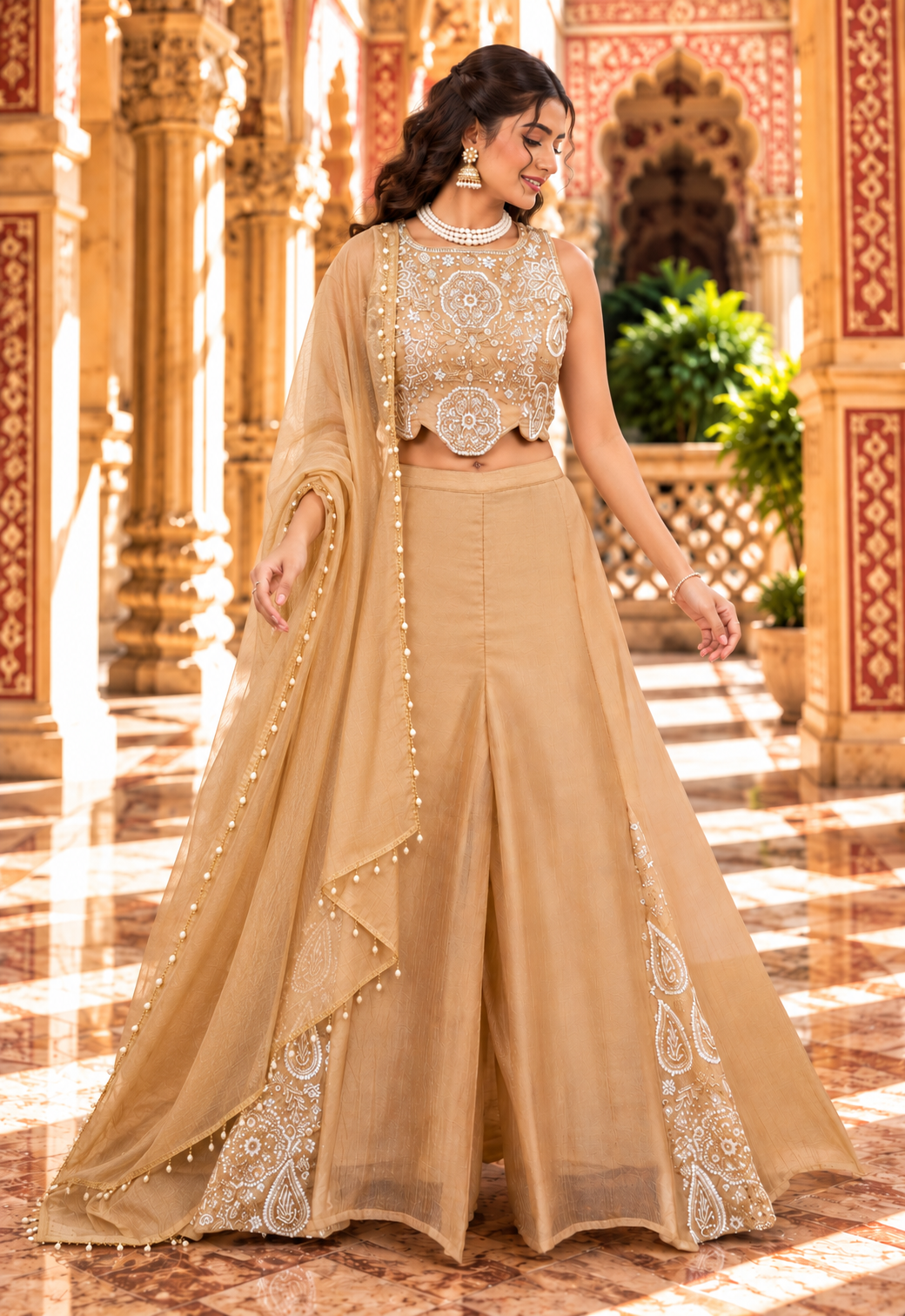 Champagne Salsa Silk Sharara Set with Bead, Sequin & Thread Embroidery