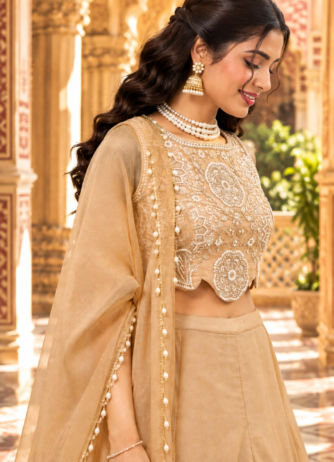 Champagne Salsa Silk Sharara Set with Bead, Sequin & Thread Embroidery