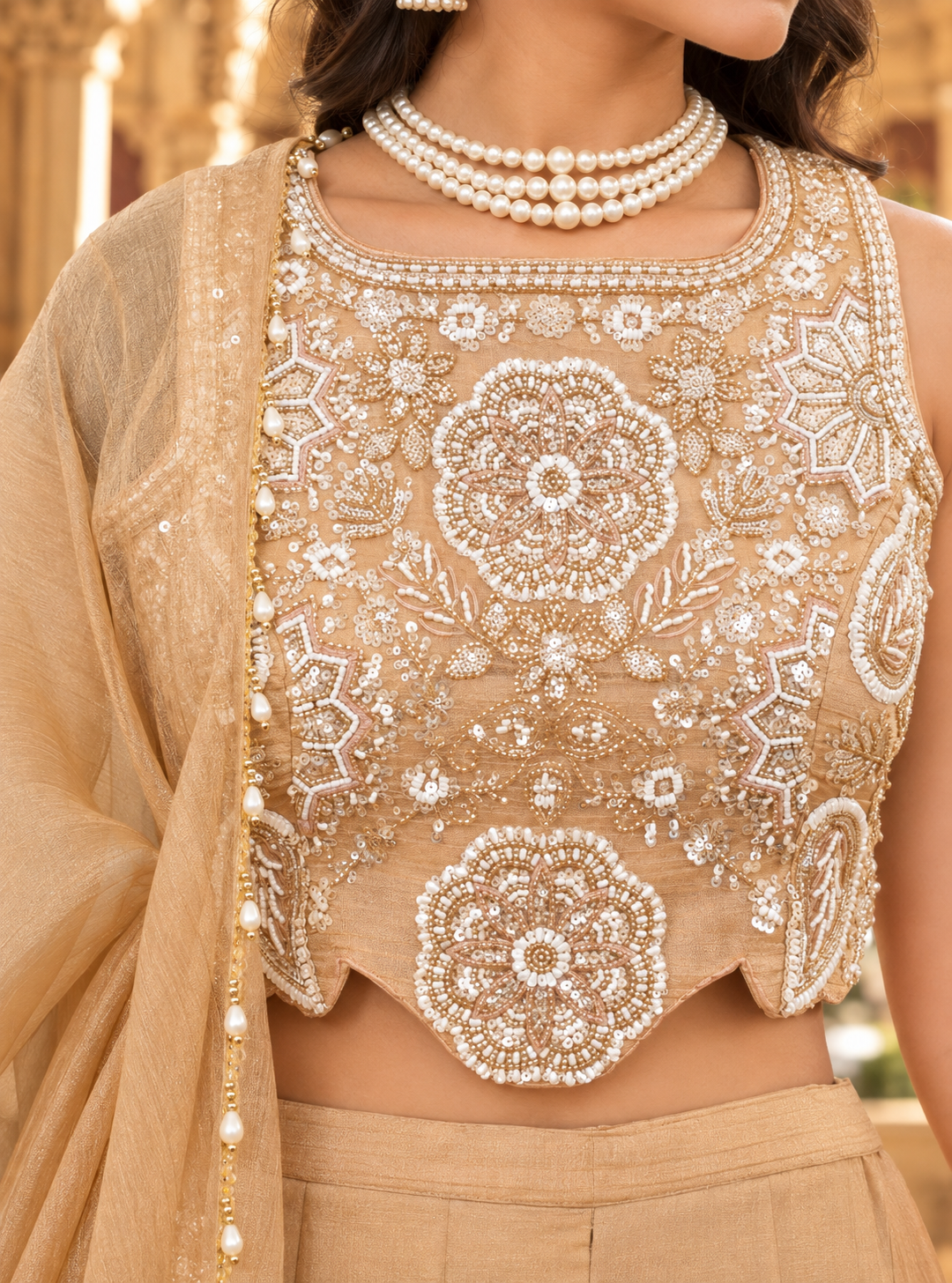 Champagne Salsa Silk Sharara Set with Bead, Sequin & Thread Embroidery