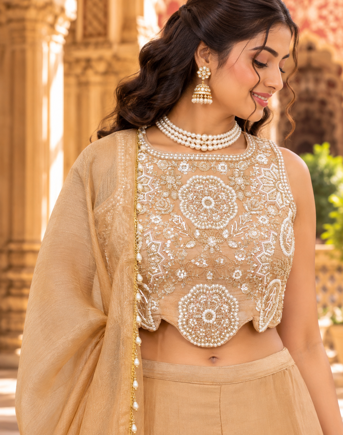 Champagne Salsa Silk Sharara Set with Bead, Sequin & Thread Embroidery
