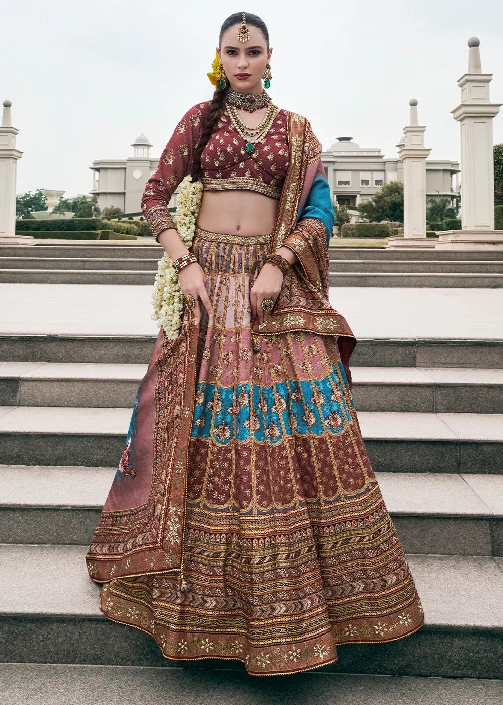 Coffee Brown & Blue Banarasi Silk Zari Lehenga Choli