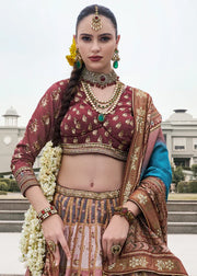 Coffee Brown & Blue Banarasi Silk Zari Lehenga Choli