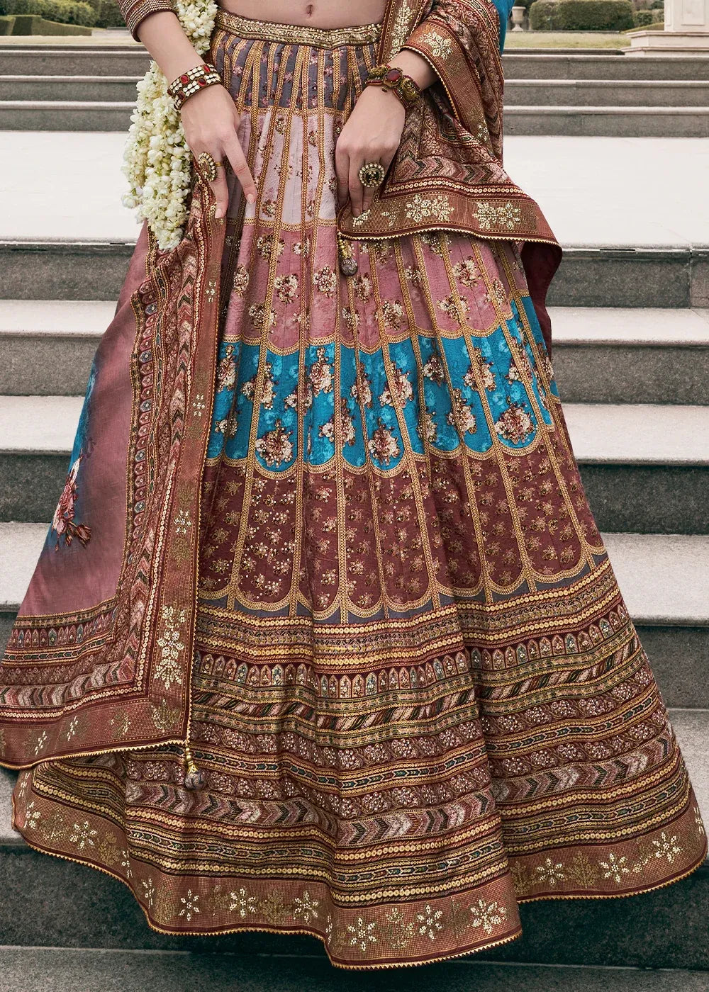 Coffee Brown & Blue Banarasi Silk Zari Lehenga Choli