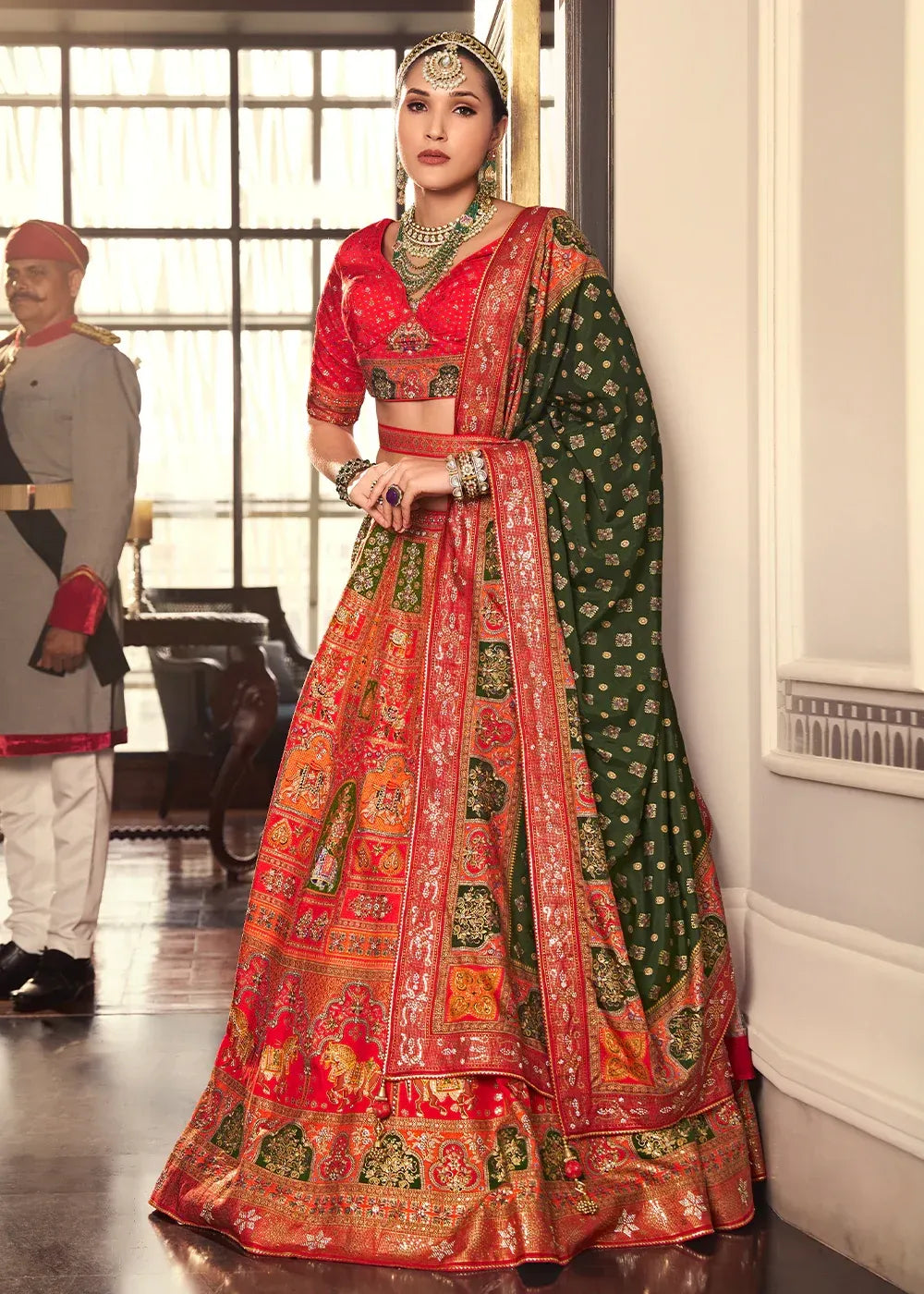 Coral Red Banarasi Silk Lehenga Choli with Heritage Weaving Design