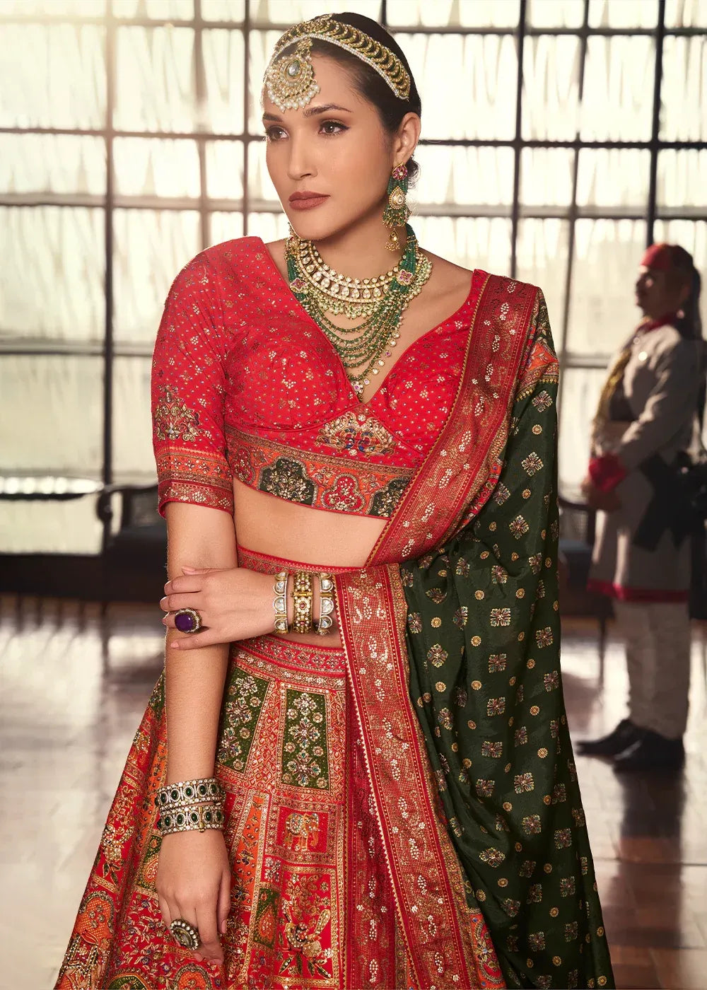 Coral Red Banarasi Silk Lehenga Choli with Heritage Weaving Design