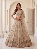 Cream Net Handwork Crystal Zari Embroidered Bridal Lehenga Choli