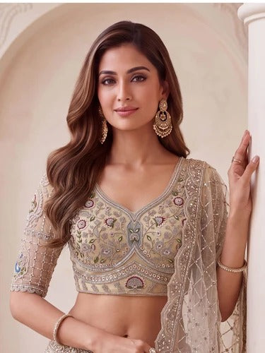 Cream Net Handwork Crystal Zari Embroidered Bridal Lehenga Choli