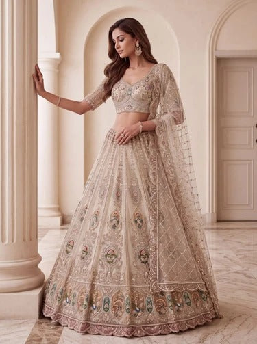 Cream Net Handwork Crystal Zari Embroidered Bridal Lehenga Choli
