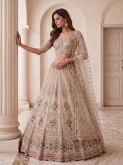 Cream Net Handwork Crystal Zari Embroidered Bridal Lehenga Choli