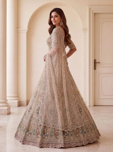 Cream Net Handwork Crystal Zari Embroidered Bridal Lehenga Choli