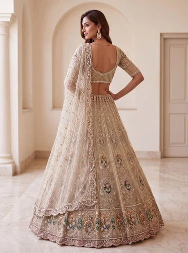 Cream Net Handwork Crystal Zari Embroidered Bridal Lehenga Choli