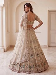 Cream Net Handwork Crystal Zari Embroidered Bridal Lehenga Choli