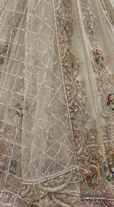 Cream Net Handwork Crystal Zari Embroidered Bridal Lehenga Choli