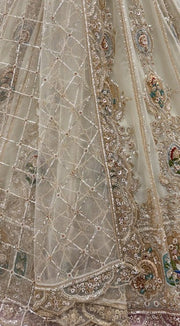 Cream Net Handwork Crystal Zari Embroidered Bridal Lehenga Choli