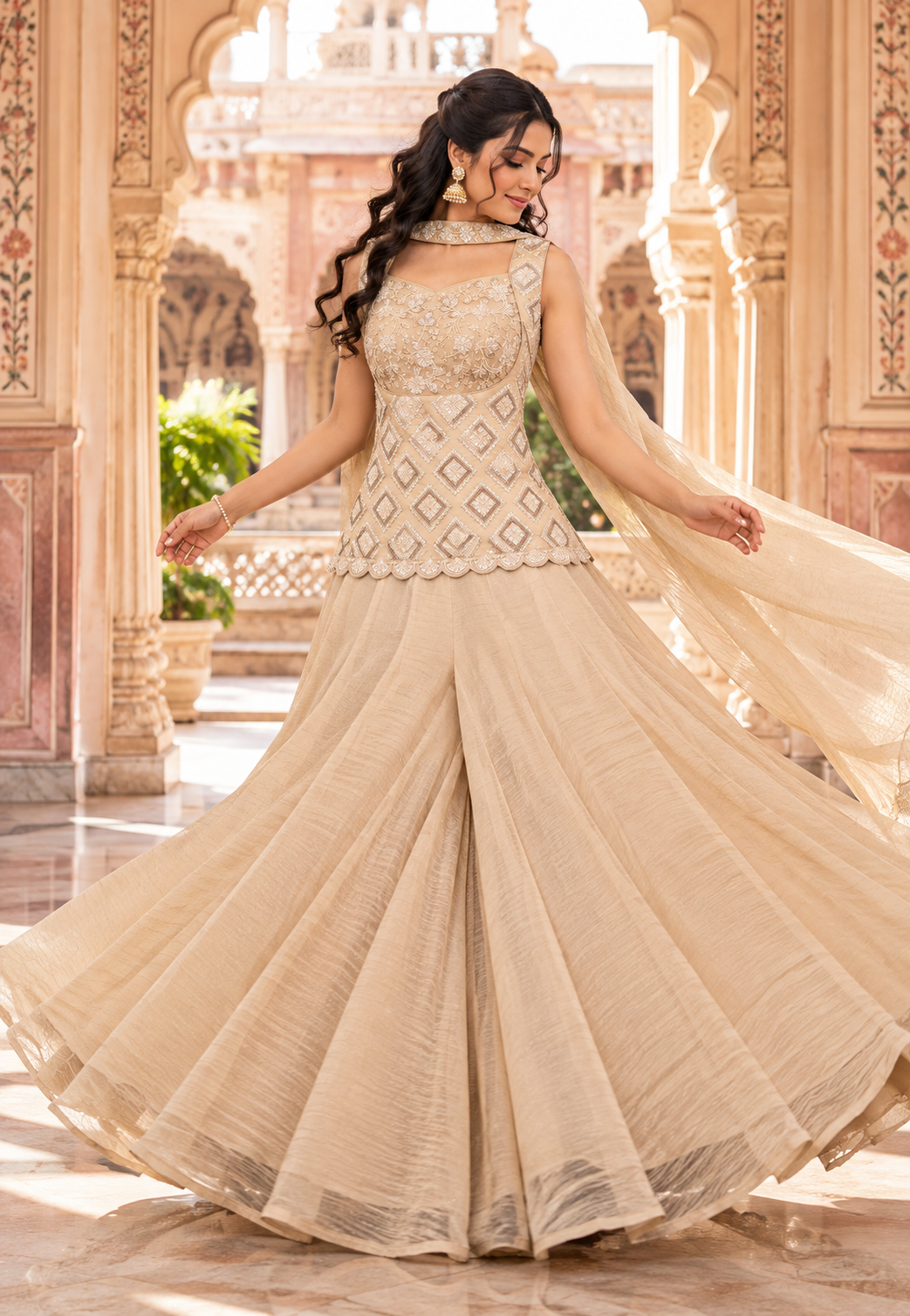 Cream Salsa Silk Bead & Sequin Sharara Set
