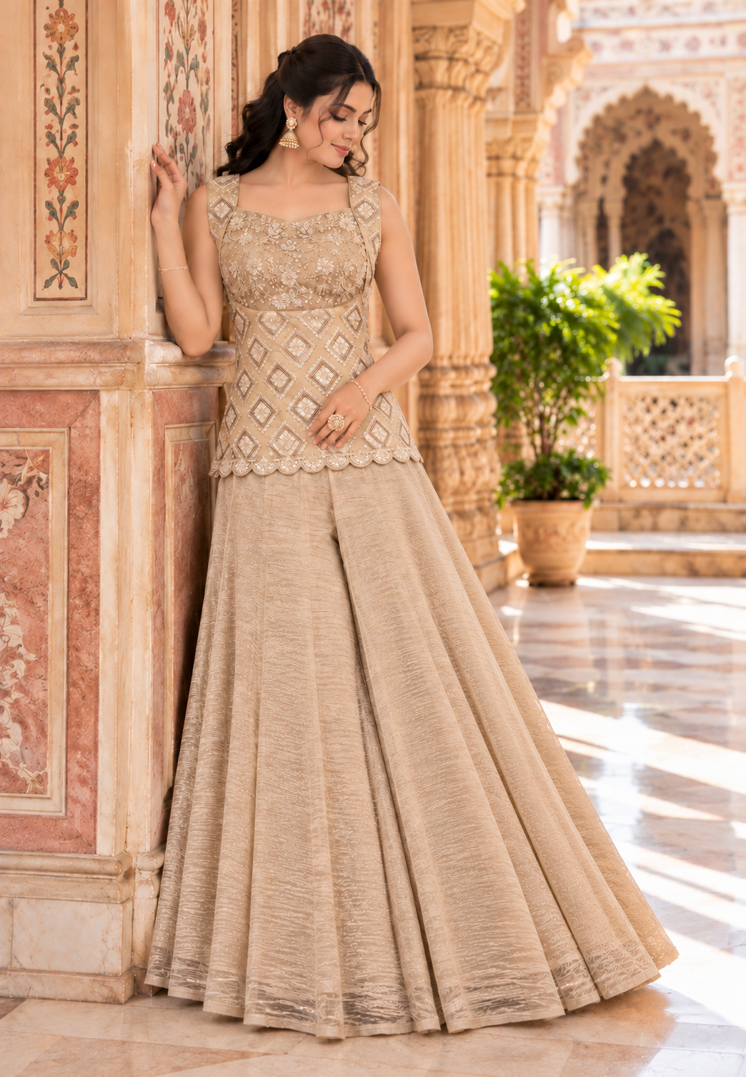 Cream Salsa Silk Bead & Sequin Sharara Set