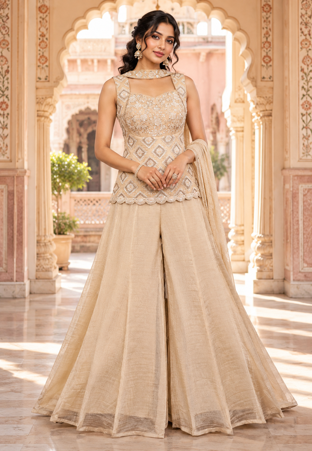 Cream Salsa Silk Bead & Sequin Sharara Set