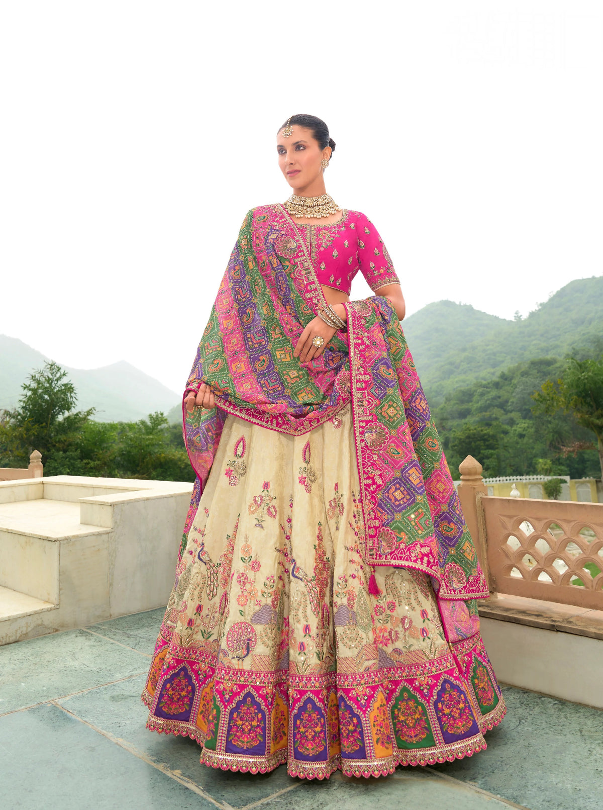 Cream & Pink Embroidered Lehenga Choli with Net Dupatta