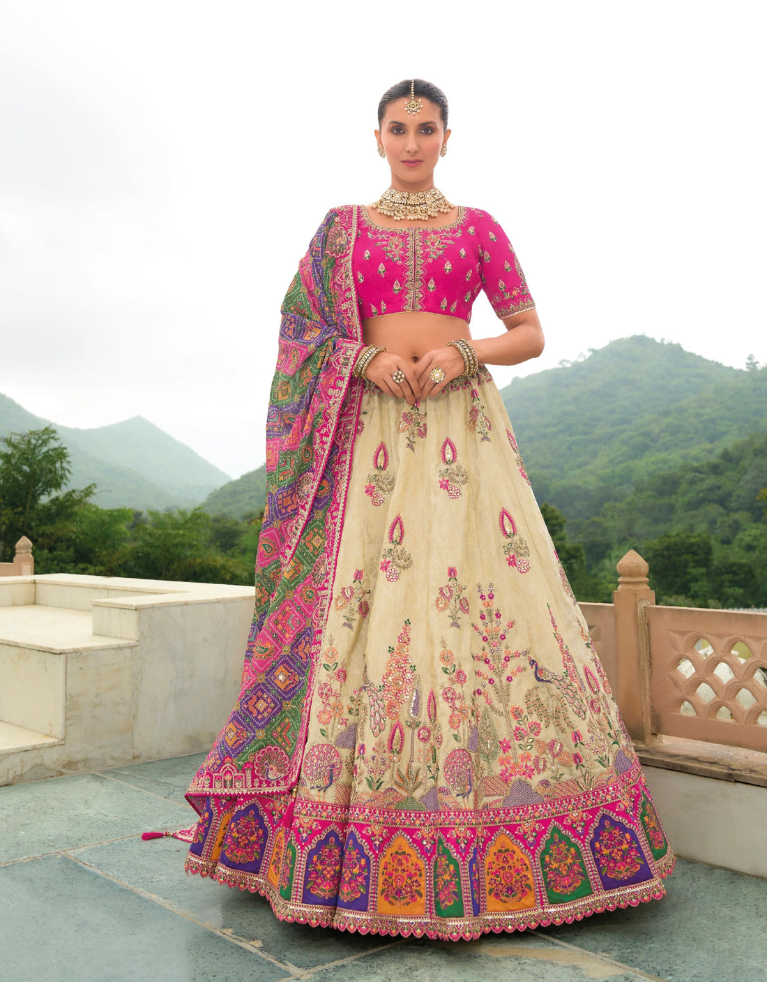 Cream & Pink Embroidered Lehenga Choli with Net Dupatta