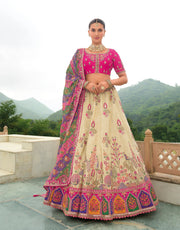 Cream & Pink Embroidered Lehenga Choli with Net Dupatta