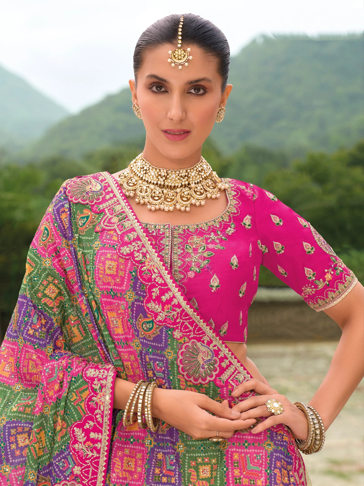 Cream & Pink Embroidered Lehenga Choli with Net Dupatta