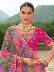 Cream & Pink Embroidered Lehenga Choli with Net Dupatta