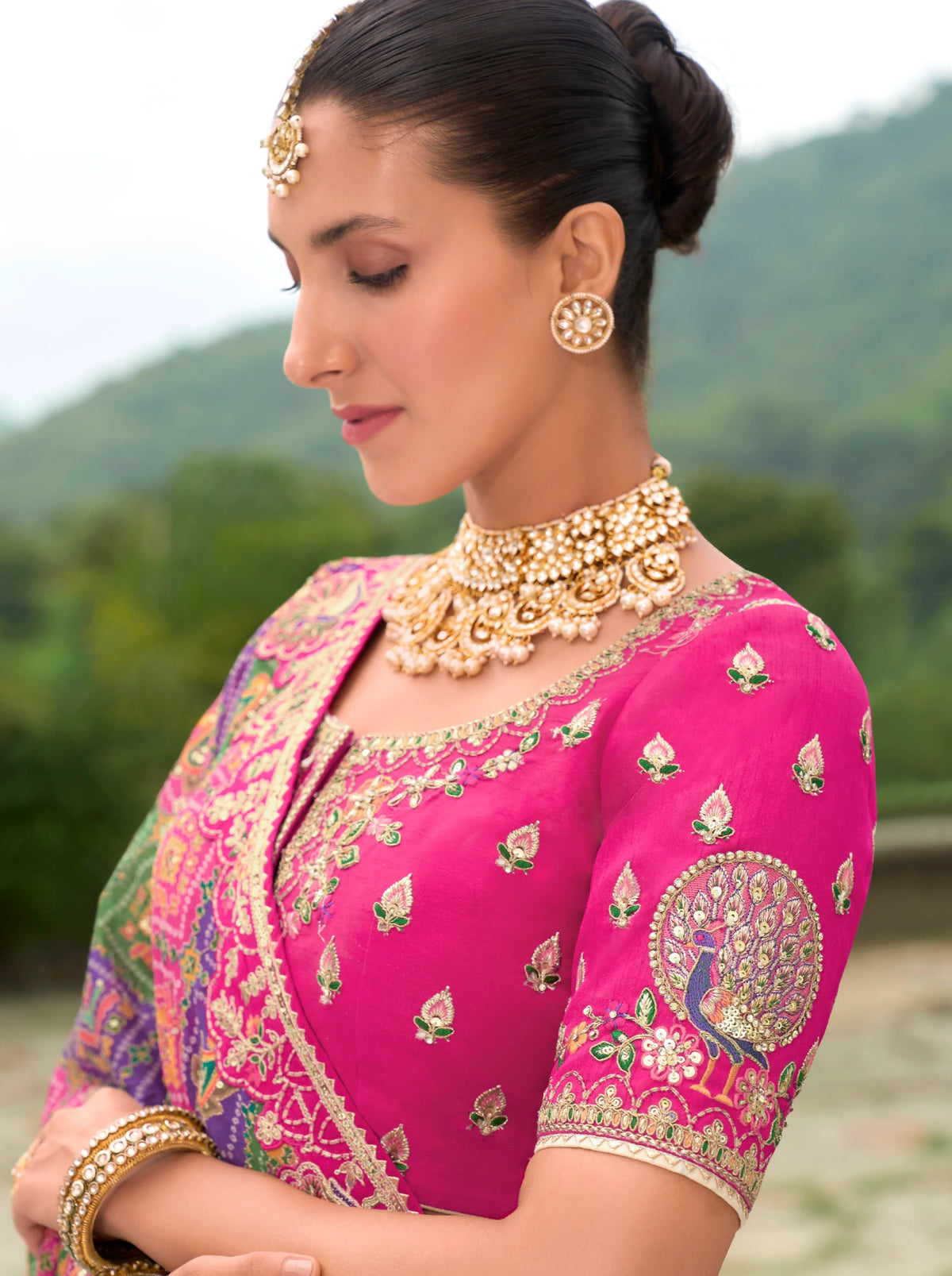 Cream & Pink Embroidered Lehenga Choli with Net Dupatta