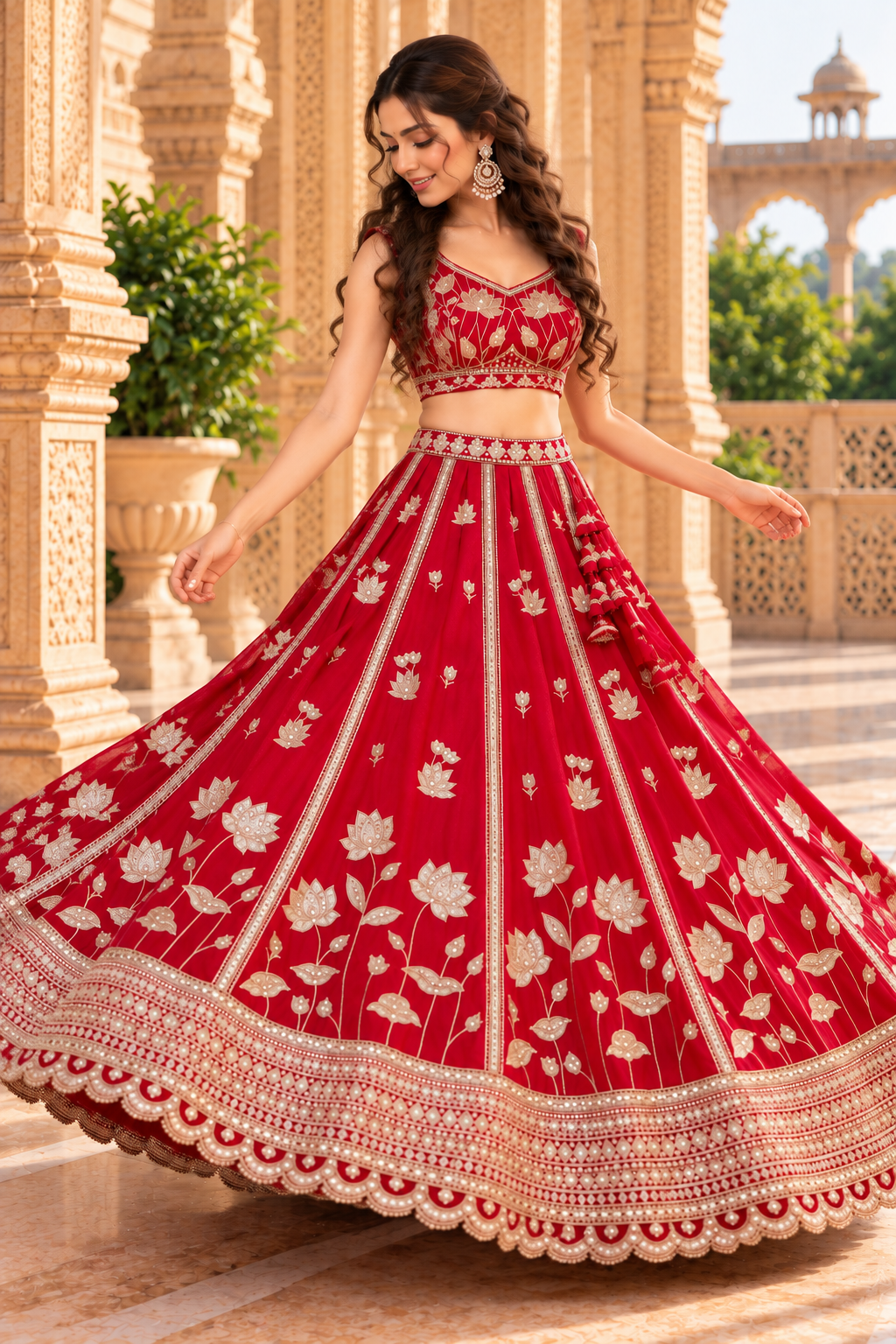 Crimson Red Georgette Sequin Lehenga Choli with Scallop Dupatta