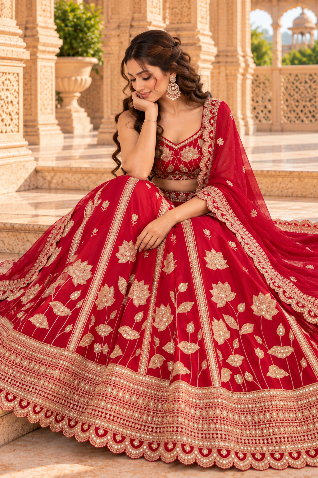 Crimson Red Georgette Sequin Lehenga Choli with Scallop Dupatta