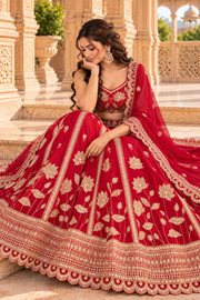 Crimson Red Georgette Sequin Lehenga Choli with Scallop Dupatta