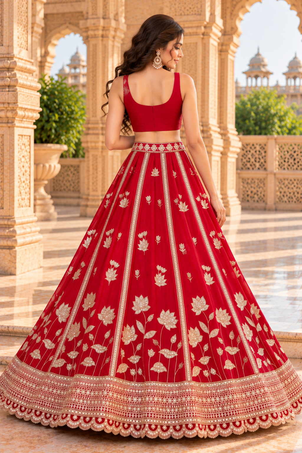 Crimson Red Georgette Sequin Lehenga Choli with Scallop Dupatta